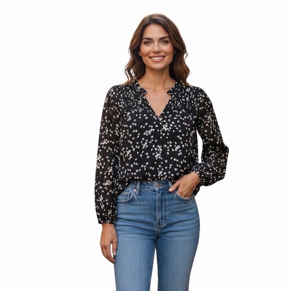 Dokotoo Black White Abstract Polka Dot Chiffon Blouse L Large Pleated Yoke